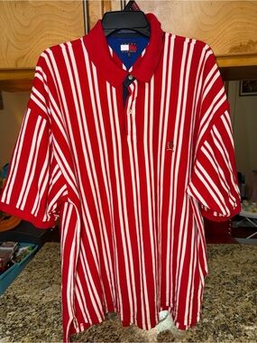 Vintage 90s Tommy Hilfiger Red & White Stripe Polo Shirt XXL